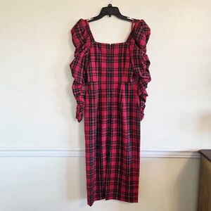 🏷Antonio Melani Elena Plaid Square Neck Long Ruched Sleeve Dress